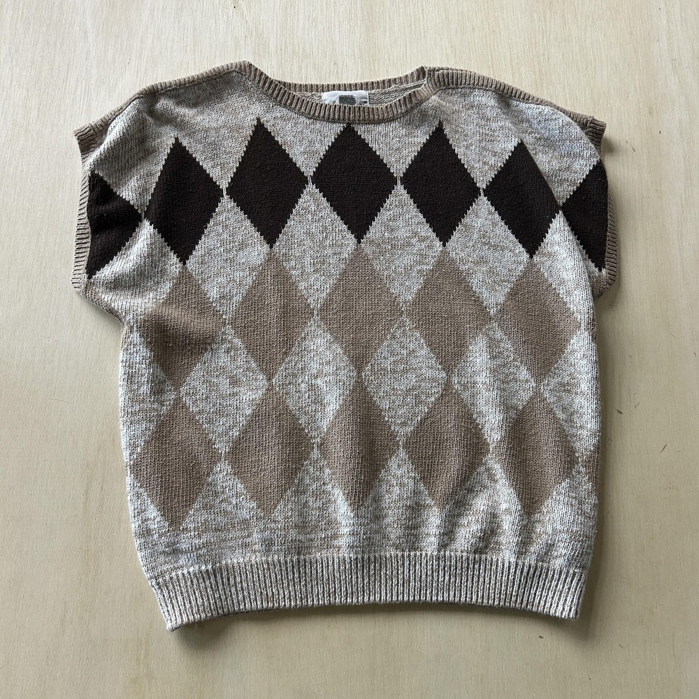 Vintage Lady Devon Sweater Vest Womens 3X Brown Crew Neck Argyle Knit Tight-Knit